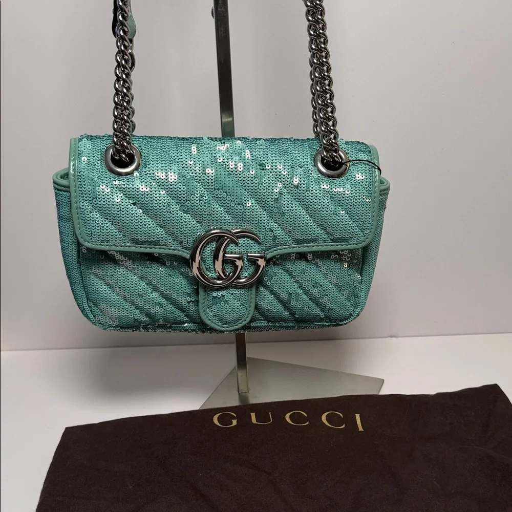 Gucci GG Marmont mini sequin shoulder bag in an aqua - Picture 2 of 8